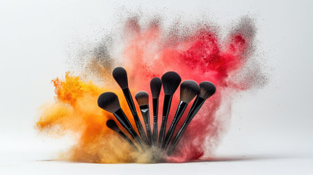 Natural bristle brushes on a white surface, with a dramatic explosion of red and yellow makeup powder behind them.の素材