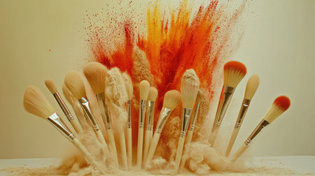 Natural bristle brushes on a white surface, with a dramatic explosion of red and yellow makeup powder behind them.の素材
