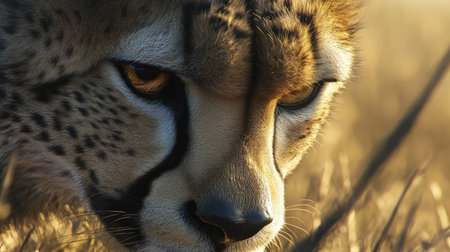 A detailed closeup of a cheetah's face, focusing on its sharp features, eyes, and beautiful coat as it gazes across the plains.の素材