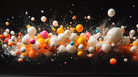 Styrofoam mini balls flying in a chaotic yet beautiful explosion, set against a deep black background.の素材