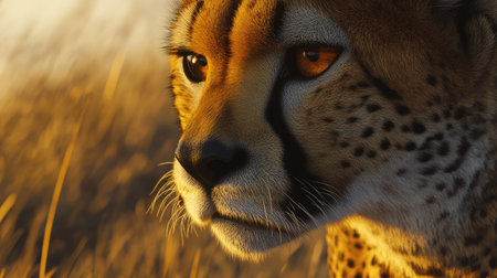 A closeup of a cheetah in the wild, capturing the power in its eyes and the graceful texture of its fur, set against a vast landscape.の素材