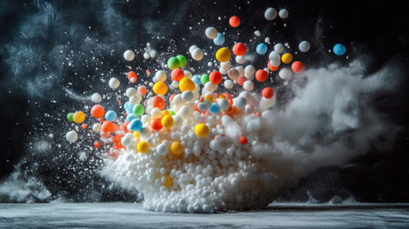 Tiny Styrofoam balls in assorted colors exploding in mid-air with a dark, moody background for contrast.の素材