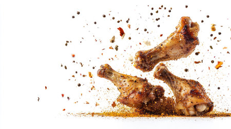 Roasted chicken wings, seasoned to perfection, with spices flying in mid-air, isolated on a white background for a dynamic shot.の素材