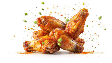 Roasted chicken wings, covered in spices, with seasonings flying through the air in a dynamic and appetizing shot, isolated on a white background.の素材