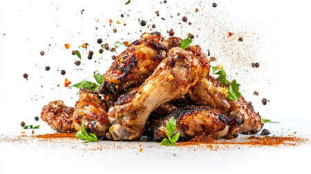 Roasted chicken wings with a burst of flying spices, creating a vibrant and tasty scene, isolated on a clean white background.の素材