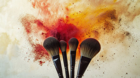 Natural bristle brushes on a white surface, with a dramatic explosion of red and yellow makeup powder behind them.の素材