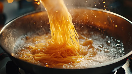 Spaghetti slowly sinking into a pot of boiling water, with the stove burner glowing brightly beneath.の素材