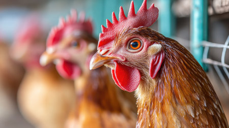 Rows of chickens in a clean indoor farm, with high-tech farming systems ensuring their health and comfort in an optimal environment.の素材