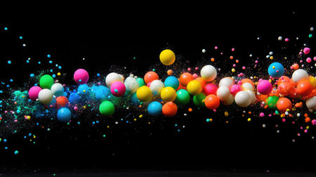 Styrofoam mini balls in vibrant hues floating mid-air as they scatter in a dramatic explosion on a black background.の素材