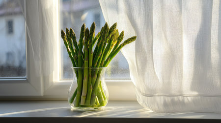 Fresh asparagus displayed in a kitchen window sill, sunlight streaming through sheer white curtains.の素材