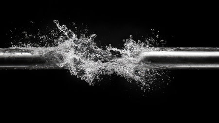 Water splashing out from a faulty joint in a stainless steel pipe, isolated with dramatic lighting on a black background.の素材