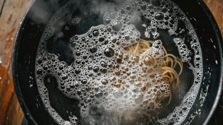 Overhead view of a stovetop pot with boiling spaghetti and water bubbles foaming at the edges.の素材