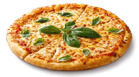 A cheese pizza garnished with fresh basil leaves, placed on a white backdropの素材