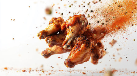 Roasted chicken wings in mid-flight, with a burst of spices flying above them, isolated against a clean white background.の素材