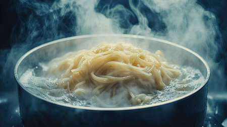 Spaghetti swirling in a pot of bubbling water, with steam and light creating a dramatic cooking scene.の素材