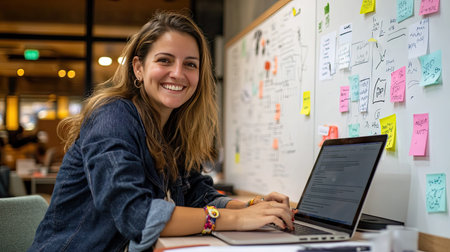 A cheerful businesswoman typing on her laptop while brainstorming ideas on a whiteboard nearbyの素材