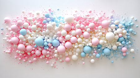 Styrofoam mini balls in pastel shades bursting outward, creating a whimsical and fun mid-air composition.の素材