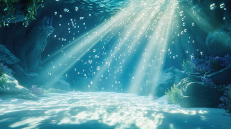An underwater scene with sunlight reflecting off bubbles and soft light patterns on the ocean floorの素材