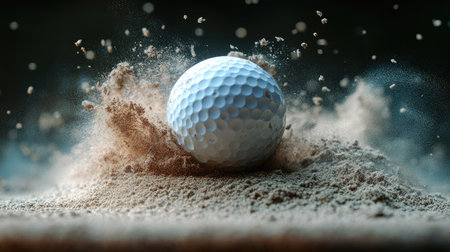 The moment of impact as a golf ball is hit from a bunker, with sand flying in all directions in high definition.の素材