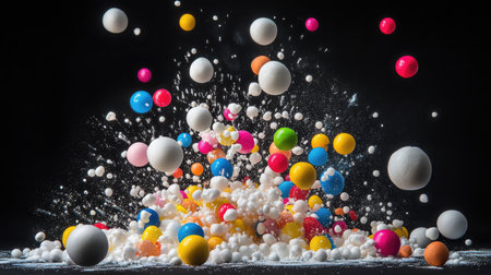 Styrofoam mini balls flying in a chaotic yet beautiful explosion, set against a deep black background.の素材