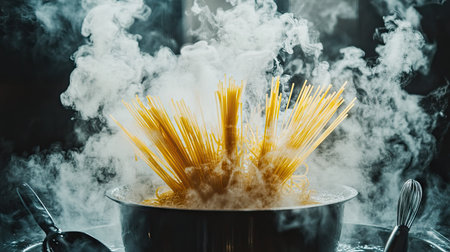 Uncooked spaghetti fanned out in a pot of boiling water, surrounded by steam and kitchen utensils.の素材