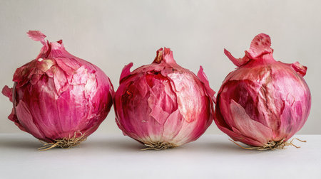 Three whole red onions with their papery outer layers intact, perfectly arranged on a plain white surface.の素材