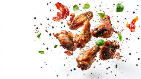 Roasted chicken wings with a burst of flying spices, creating a vibrant and tasty scene, isolated on a clean white background.の素材