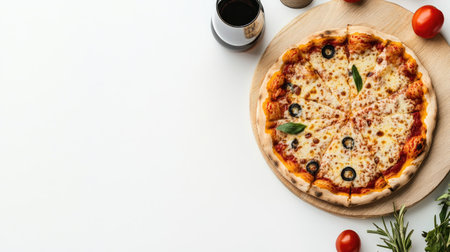 A cheese pizza on a wooden board placed on a seamless white backgroundの素材