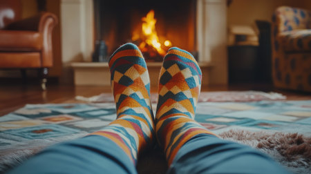Woman's legs in patterned socks, relaxed and resting by the fireplace in a comfortable home setting.の素材