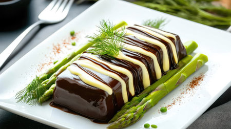 Steamed green asparagus on a white plate, garnished with hollandaise sauce and fresh dill.の素材