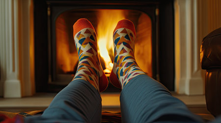 Woman's legs in patterned socks, relaxed and resting by the fireplace in a comfortable home setting.の素材