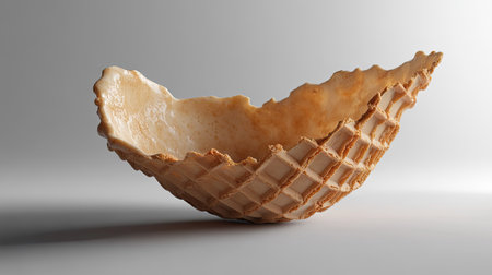 A detailed view of an empty wafer cone of ice cream, highlighting the crisp texture and open top, perfect for holding a scoop.の素材