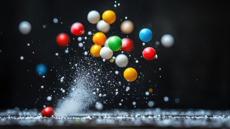 Tiny Styrofoam balls in assorted colors exploding in mid-air with a dark, moody background for contrast.の素材