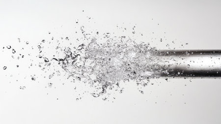 Water gushing out of a stainless steel pipe at high pressure, with droplets frozen mid-air on a plain white background.の素材