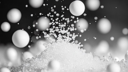 Styrofoam mini balls scattering chaotically, with a crisp focus on some balls and motion blur on others.の素材