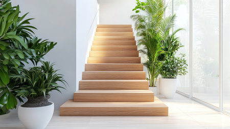 Polished wooden stairs with minimalist railings in a bright, modern home, surrounded by lush indoor plants.の素材