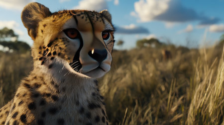 A closeup of a cheetah in the wild, capturing the power in its eyes and the graceful texture of its fur, set against a vast landscape.の素材