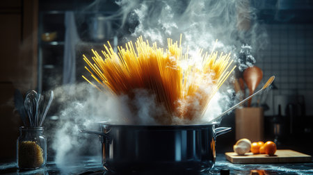 Uncooked spaghetti fanned out in a pot of boiling water, surrounded by steam and kitchen utensils.の素材