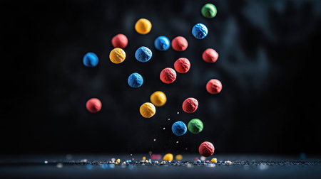 Tiny Styrofoam balls in assorted colors exploding in mid-air with a dark, moody background for contrast.の素材