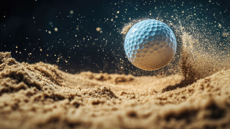 Dynamic capture of a golf ball soaring from a sand bunker, with sand particles creating a dramatic backdrop.の素材