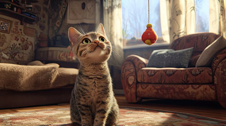 A cat swatting at a toy hanging from a string, looking up with focused eyes, set in a cozy, homey living room environment.の素材