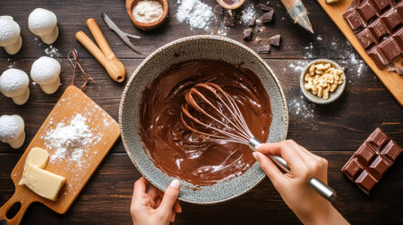 A bowl of silky melted chocolate being stirred with a whisk by hands, with baking tools in the backgroundの素材