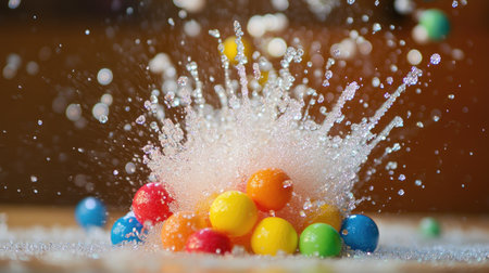 Vivid Styrofoam mini balls exploding outward, with motion blur adding depth and energy to the image.の素材