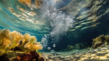 An underwater shot with bubbles rising, bathed in sunlight that creates patterns on the ocean floorの素材