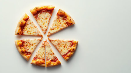 A cheese pizza sliced into eight pieces, arranged neatly on a white backgroundの素材