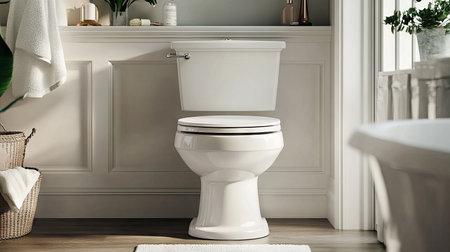 A white toilet bowl with a cozy, stylish seat cover, positioned in a well-lit bathroom with modern decor accents.の素材