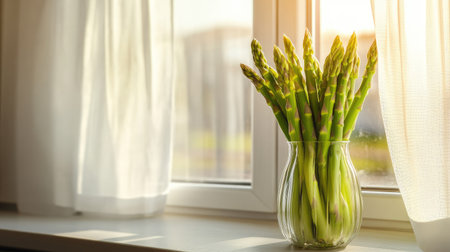 Fresh asparagus displayed in a kitchen window sill, sunlight streaming through sheer white curtains.の素材