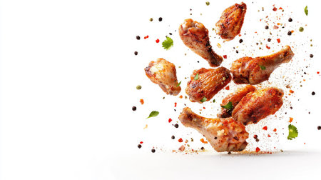 Roasted chicken wings with a burst of flying spices, creating a vibrant and tasty scene, isolated on a clean white background.の素材