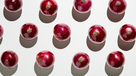 Whole red onions arranged with precision on a plain white background, highlighting their natural sheen.の素材