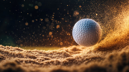 Dynamic capture of a golf ball soaring from a sand bunker, with sand particles creating a dramatic backdrop.の素材
